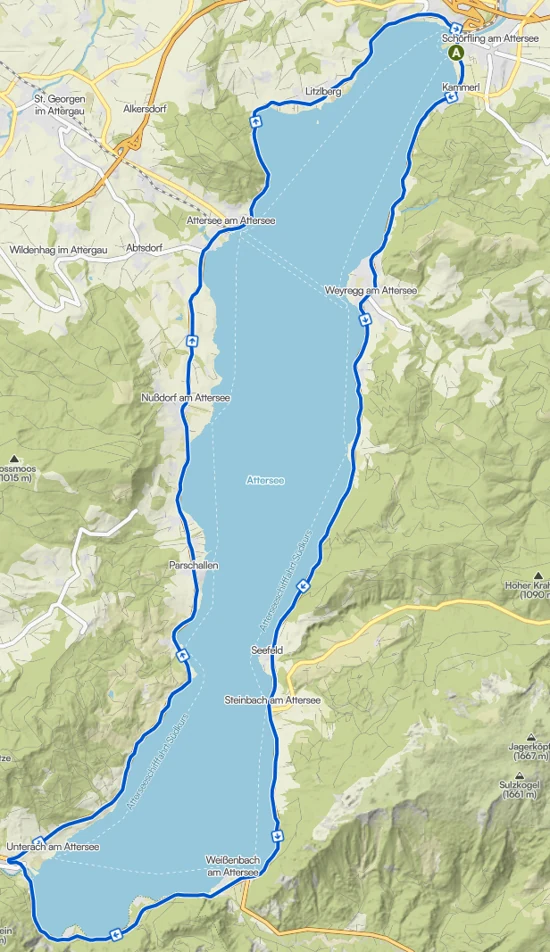 Streckenkarte der Attersee-Umrundung mit Start und Ziel in Schörfling am Attersee